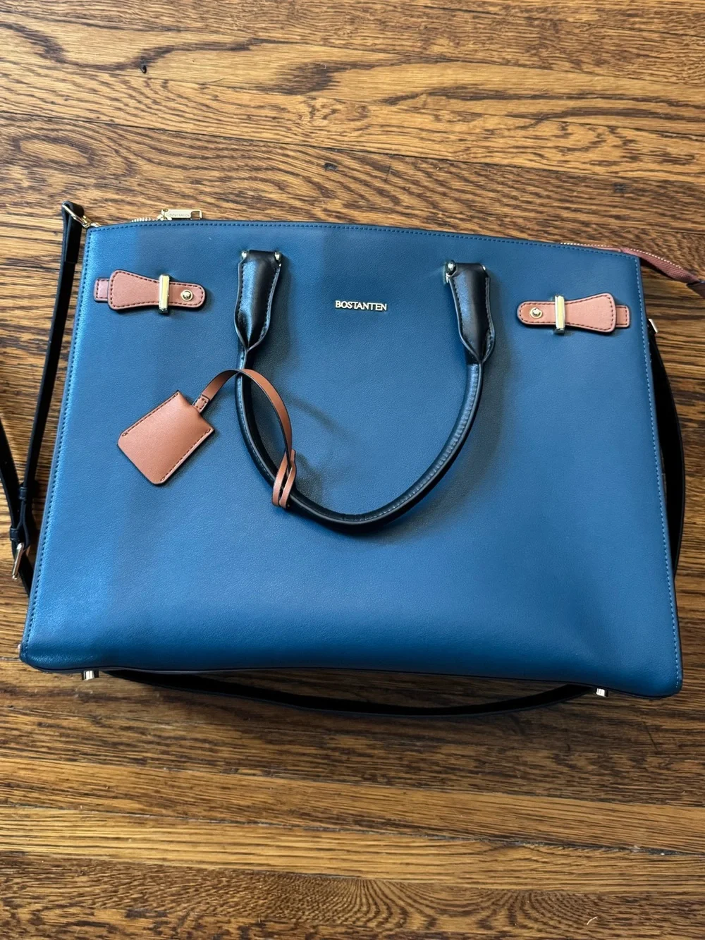 BOSTANTEN (Genuine Leather) Blue Leather Tote with Tan Accents. EXCELLENT!!!